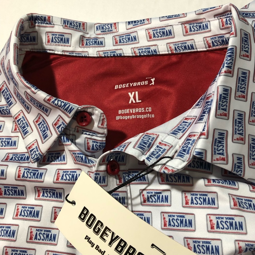 NWT Bogeybros XL a**man license plate performance polo Seinfeld Kramer white - Picture 4 of 9